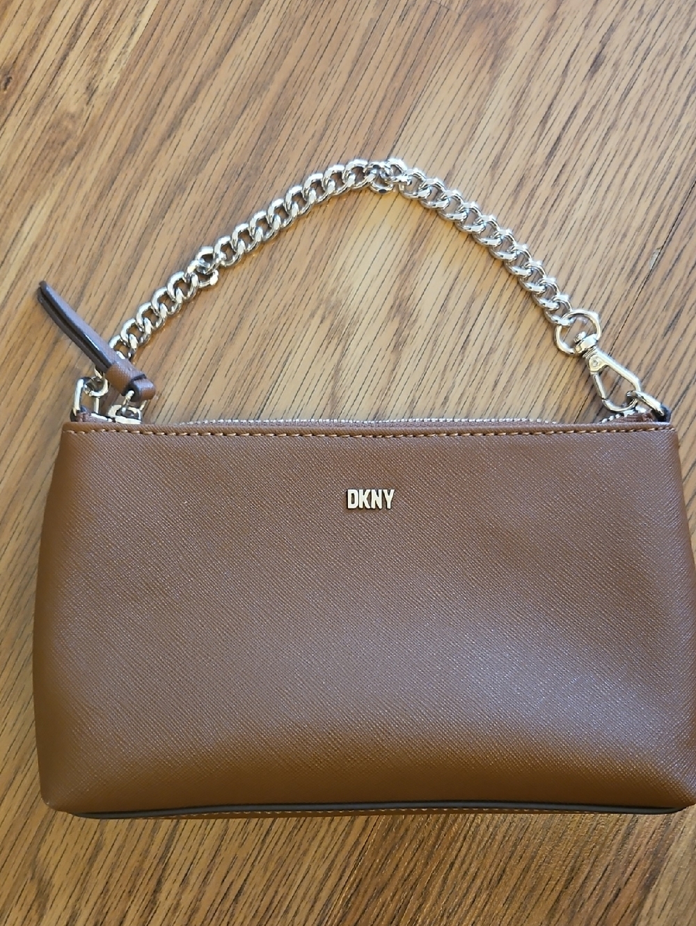 DKNY Brown Leather Wristlet with Gold Chain Handle